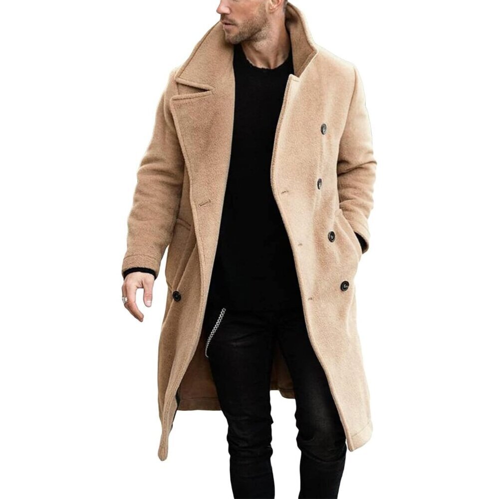 Mens Khaki Double Breasted Casual Lapel Collar Business Winter Trench Coat